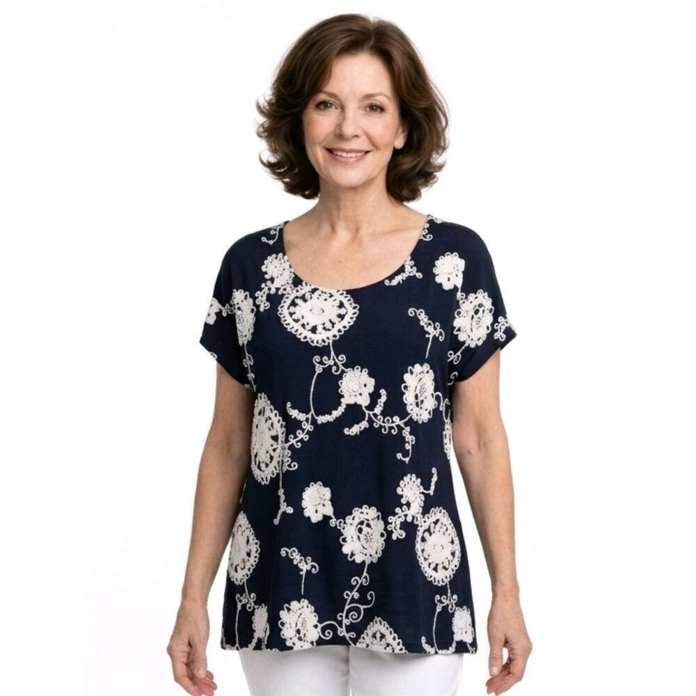 Roz & Ali Navy Blue Floral Patterned Drop Sleeve Stretchy  Blouse Size L